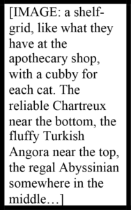 [IMAGE: a shelf-grid, like what they have at the apothecary shop, with a cubby for each cat. The reliable Chartreux near the bottom, the fluffy Turkish Angora near the top, the regal Abyssinian somewhere in the middle…]