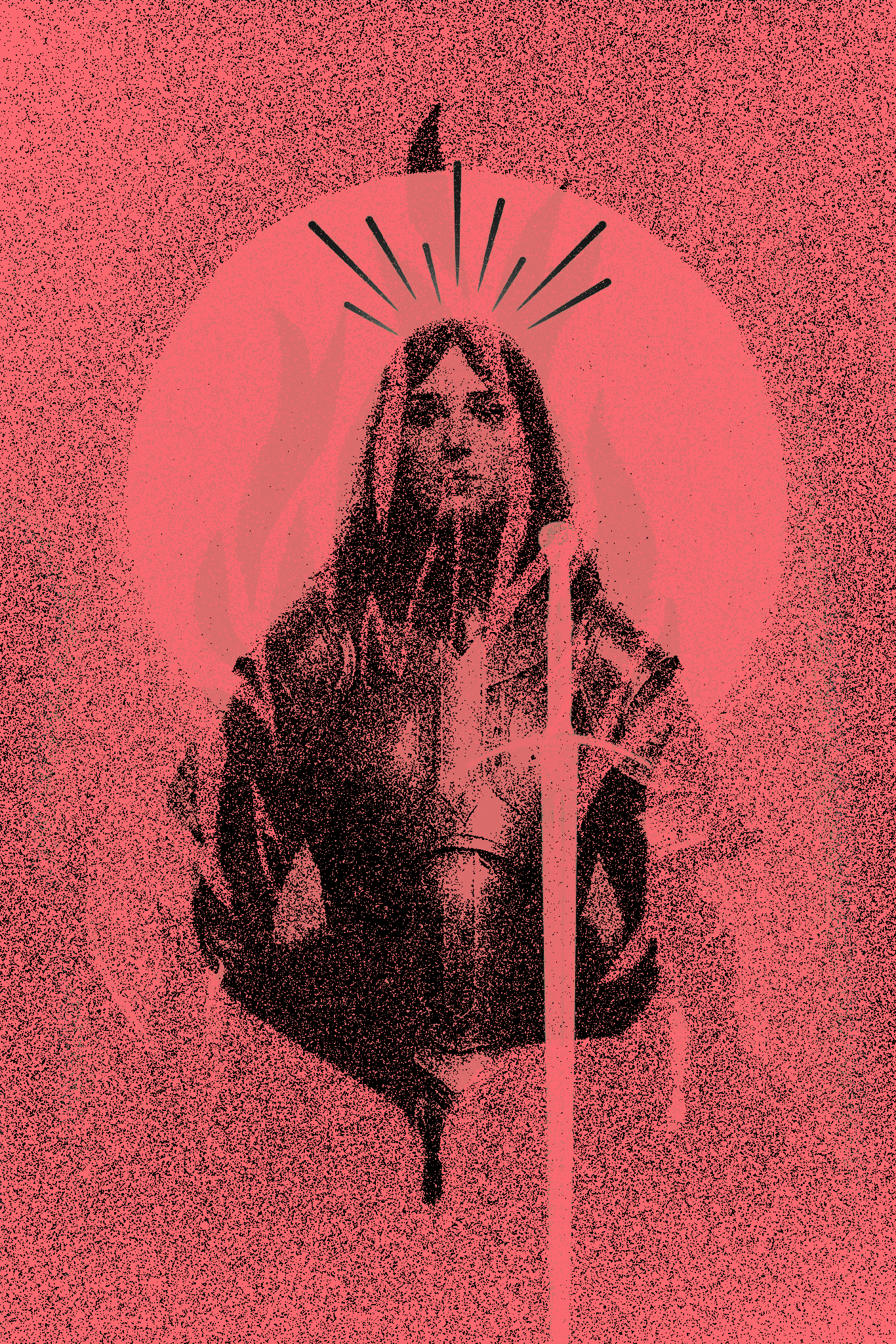 over a rose-salmon background, a person in armor and a hood has a halo around their head and light expanding above them