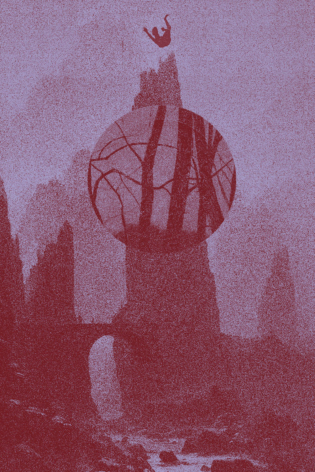 on a gray-blue background, the reddish silhouette of a person falling down onto a spire with a superimposed orb of a forest in front