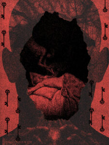 on a dark red background, the silhouette of a person's head with no face surrounded by keys. Instead of a face, there is a superimposed silhouette of a person in bed being visited by a ghost or demon