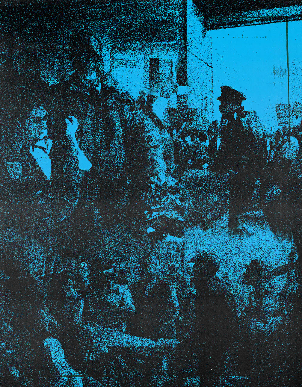 a crowd of people on a blue background