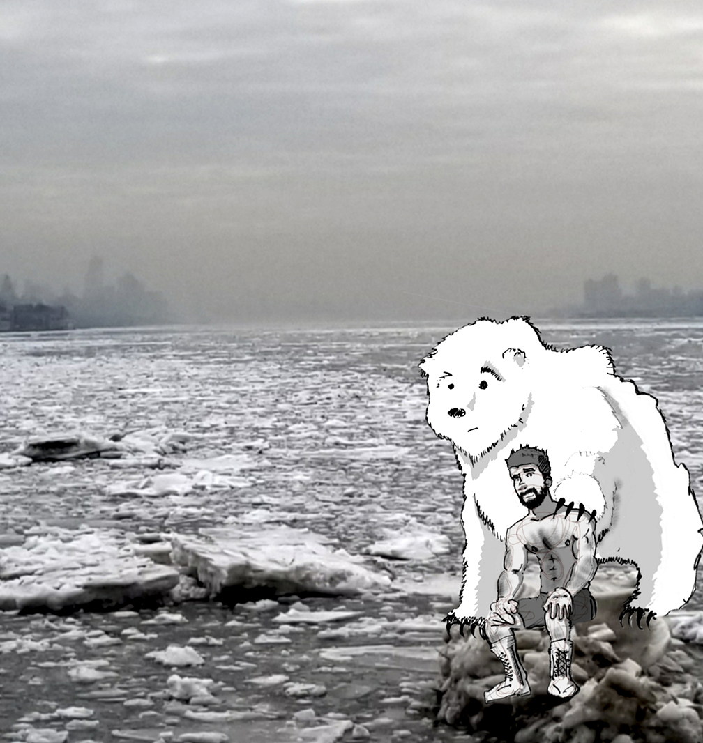 drawing of a forlorn polar bear with a paw on the shoulder of a similarly forlorn bare chested man sitting on a rock in the middle of a photograph of an ice-covered bay