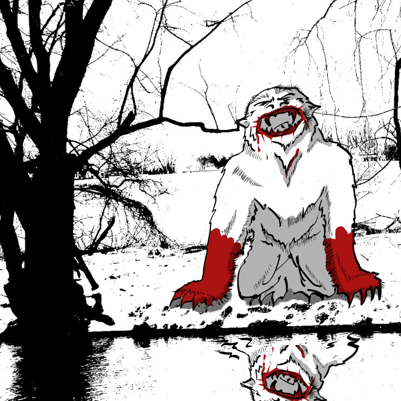 black and white image with a monster kneels in front of a lake, reflecting their image. They have red covering their arms and mouth. A silhouette of a tree frames them on the left