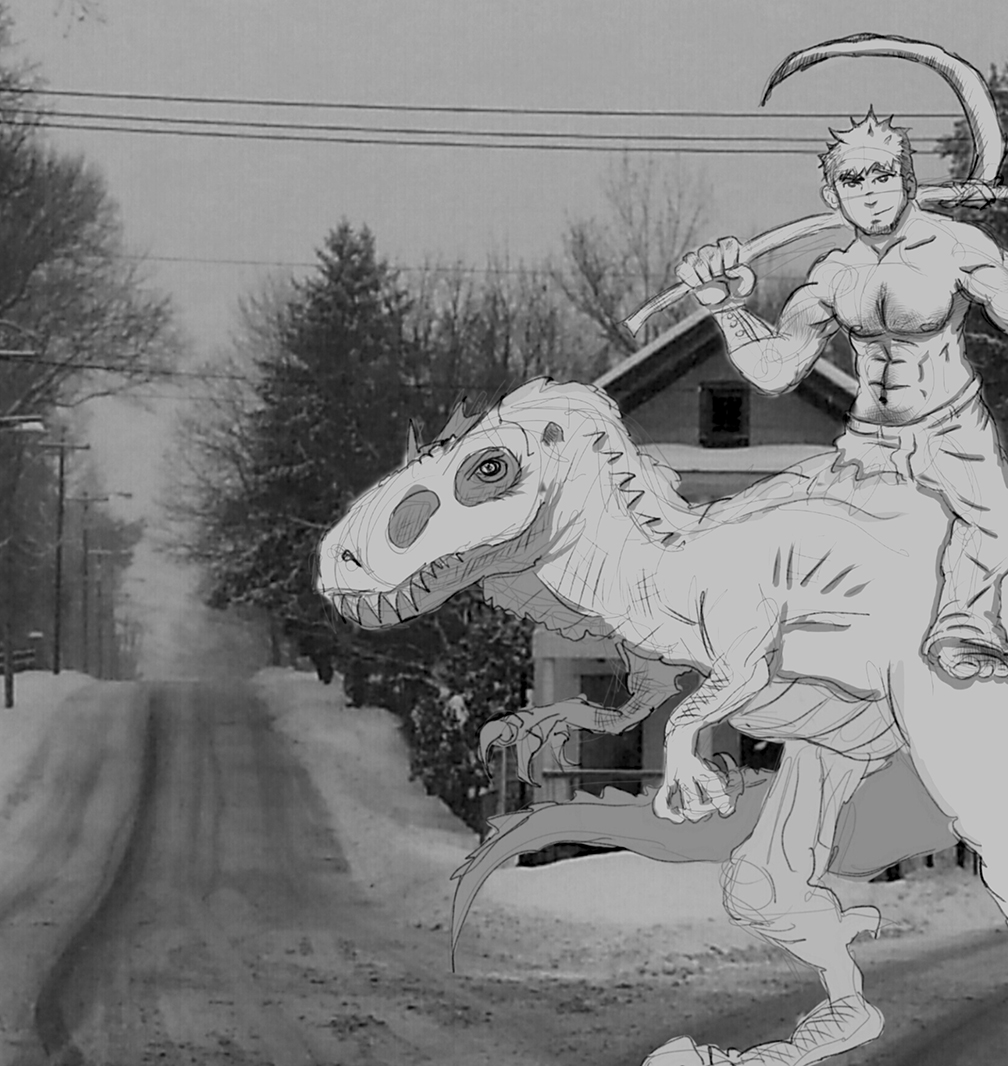 in front of a snowy, tree-lined road and house, a bare chested man carrying a scythe rides a t-rex with a skull helmet