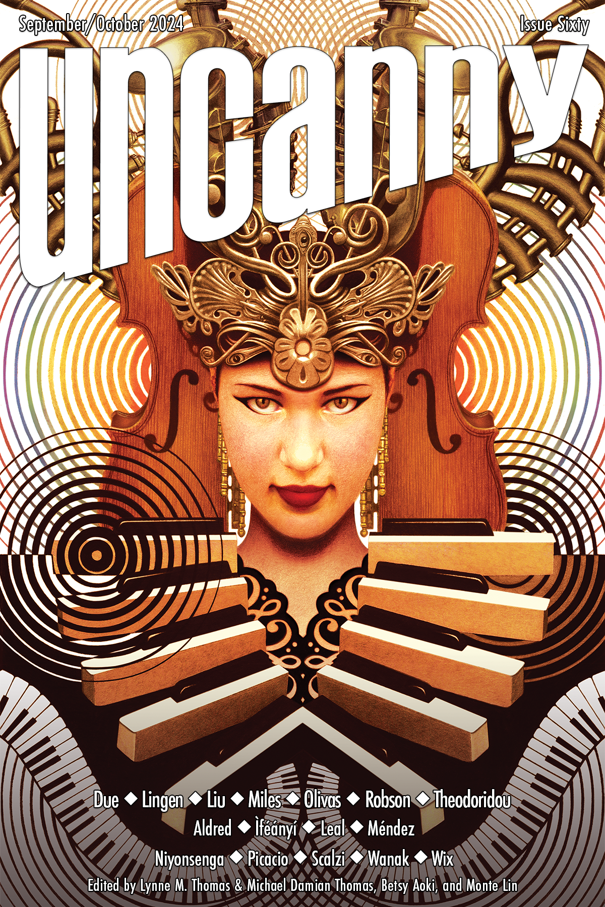 cover for Issue 60, La Musica by John Picacio. A femme person with eyeliner and red lipstick smiles directly at the reader. On her head is a swirling headpiece made of brass instruments, the sides of her face framed by two halves of a cello, earrings of brass instrument parts. Her shoulder pads are made of the black, white, and shaded brown keys of a piano and the body of the dress the curling row of piano keys. Behind her are circular swirls of color