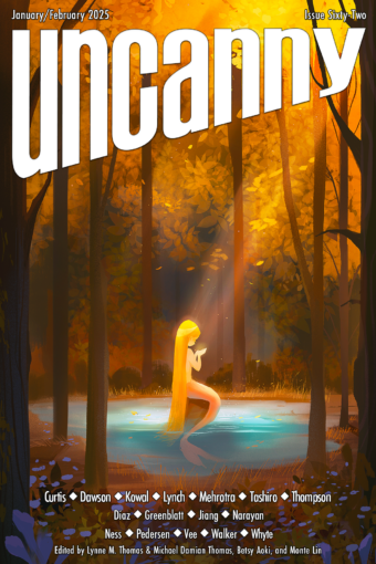 cover for Issue 62 of Uncanny Magazine, art by Maxine Vee titled "Mermay - Golden Hour." In a forest of brown, orange, and golden leaves, a mermaid with orange/gold hair sits on a rock in a small light blue pond. She stares at her open palms, illuminated by a beam of sunlight. Purple flowers in shade lie scattered on the ground in the foreground. The words "January/February 2025" and "Issue Sixty-Two" are at top. The list of credits is on the bottom